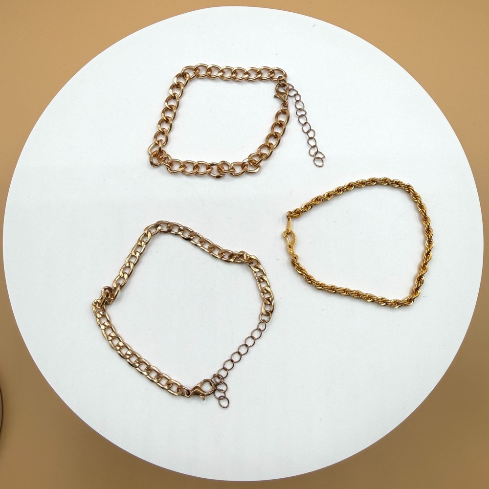 Gold Tone Bracelet Lot of 3 Pcs Rope Chain Curb Link Adjustable Fashion Jewelry